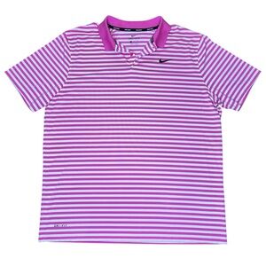 Nike Golf Dri-Fit Short Sleeve Polo Shirt Pink/White Stripes Black Logo Men’s XL